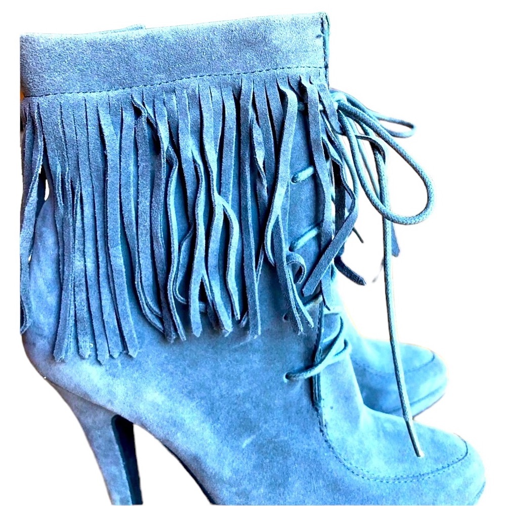 Dove Gray Suede Fringe Lace Up Ankle Stiletto Boots Trendy Western Cowgirl - Picture 4 of 5